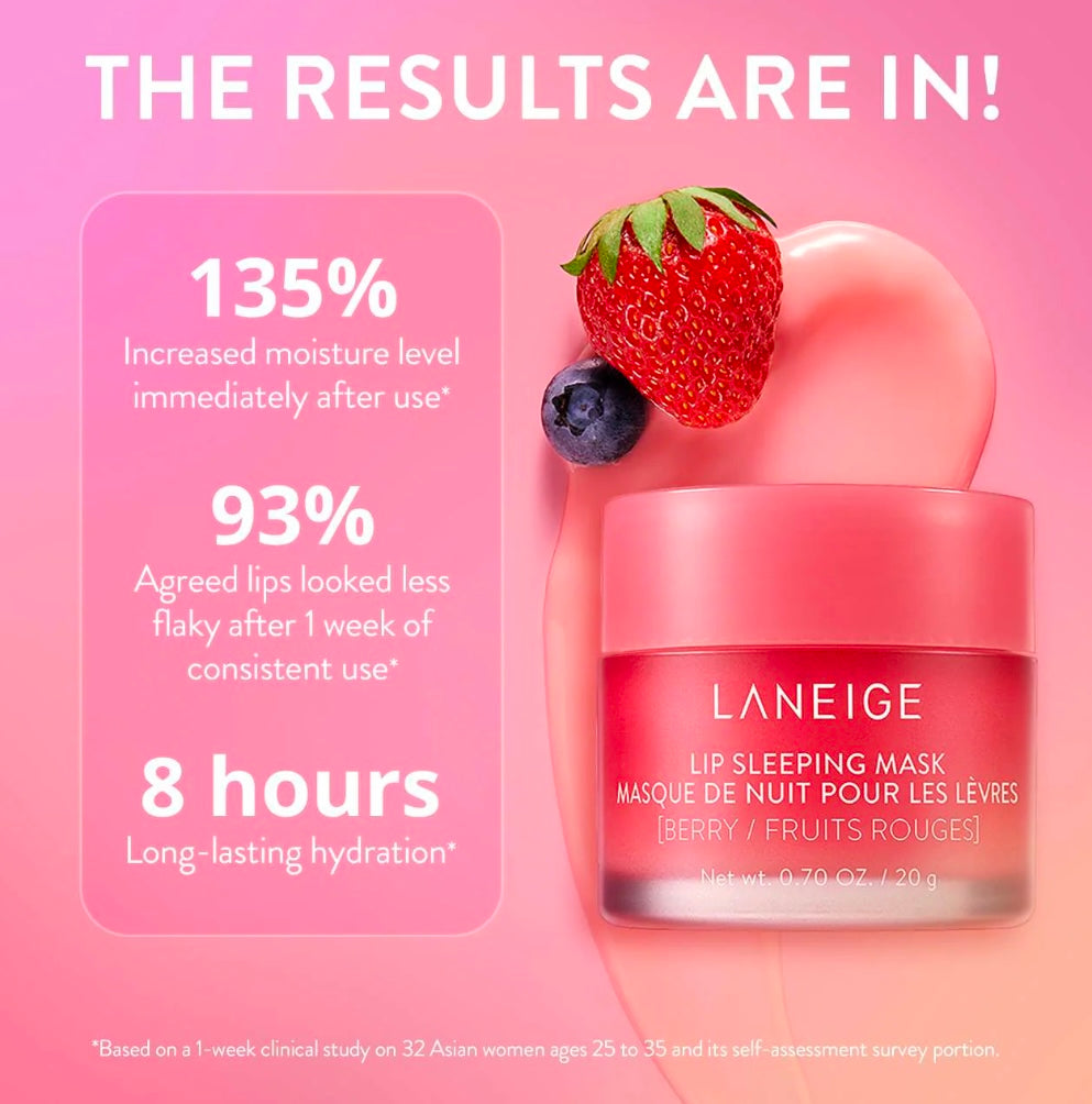 Visual result showing lips before and after using the Laneige lip mask berry.