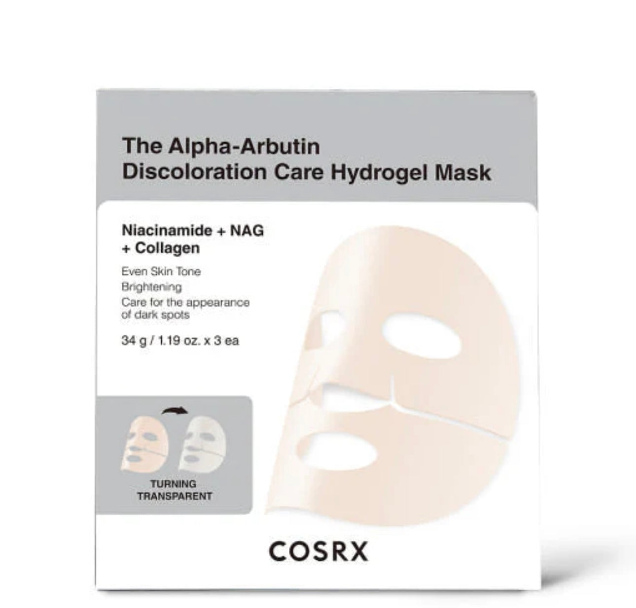 Front view of the Cosrx Alpha Arbutin Discoloration Care Hydrogel Mask sachet highlighting the brightening formula.