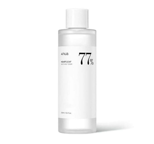 Anua Heartleaf 77% Soothing Toner bottle, showcasing its simple and clean packaging.