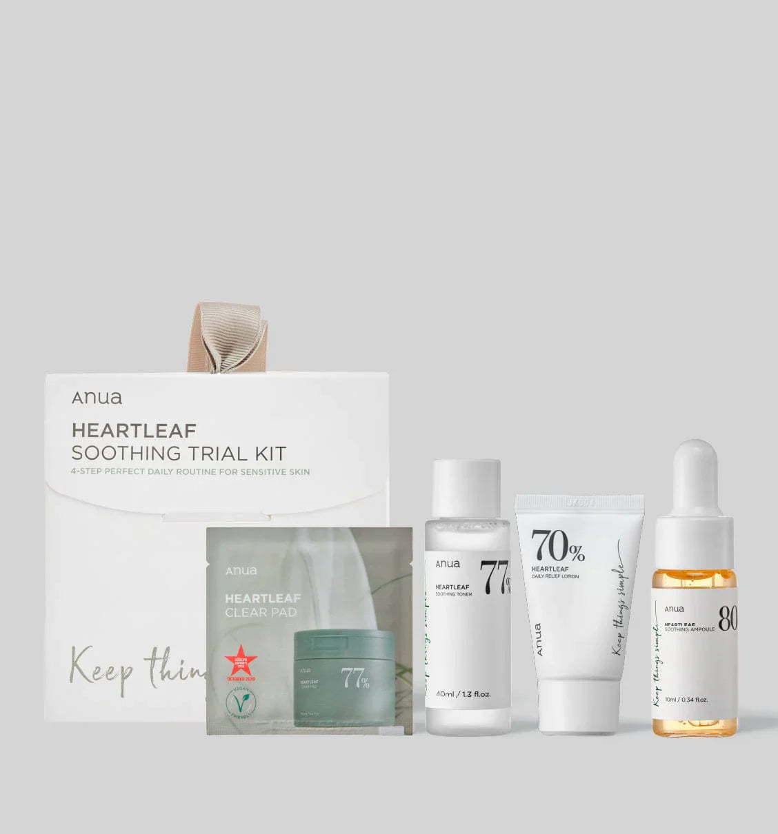 Anua Heartleaf soothing trial kit displaying 4 items including toner, lotion, ampoule, and clear pads.