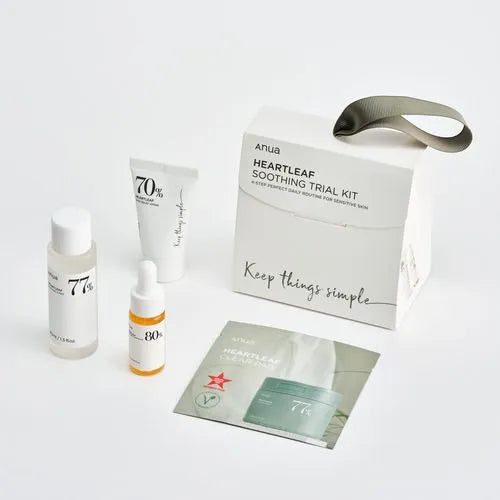 Complete unboxing of the Anua heartleaf soothing kit showing trial size bottles and pads.