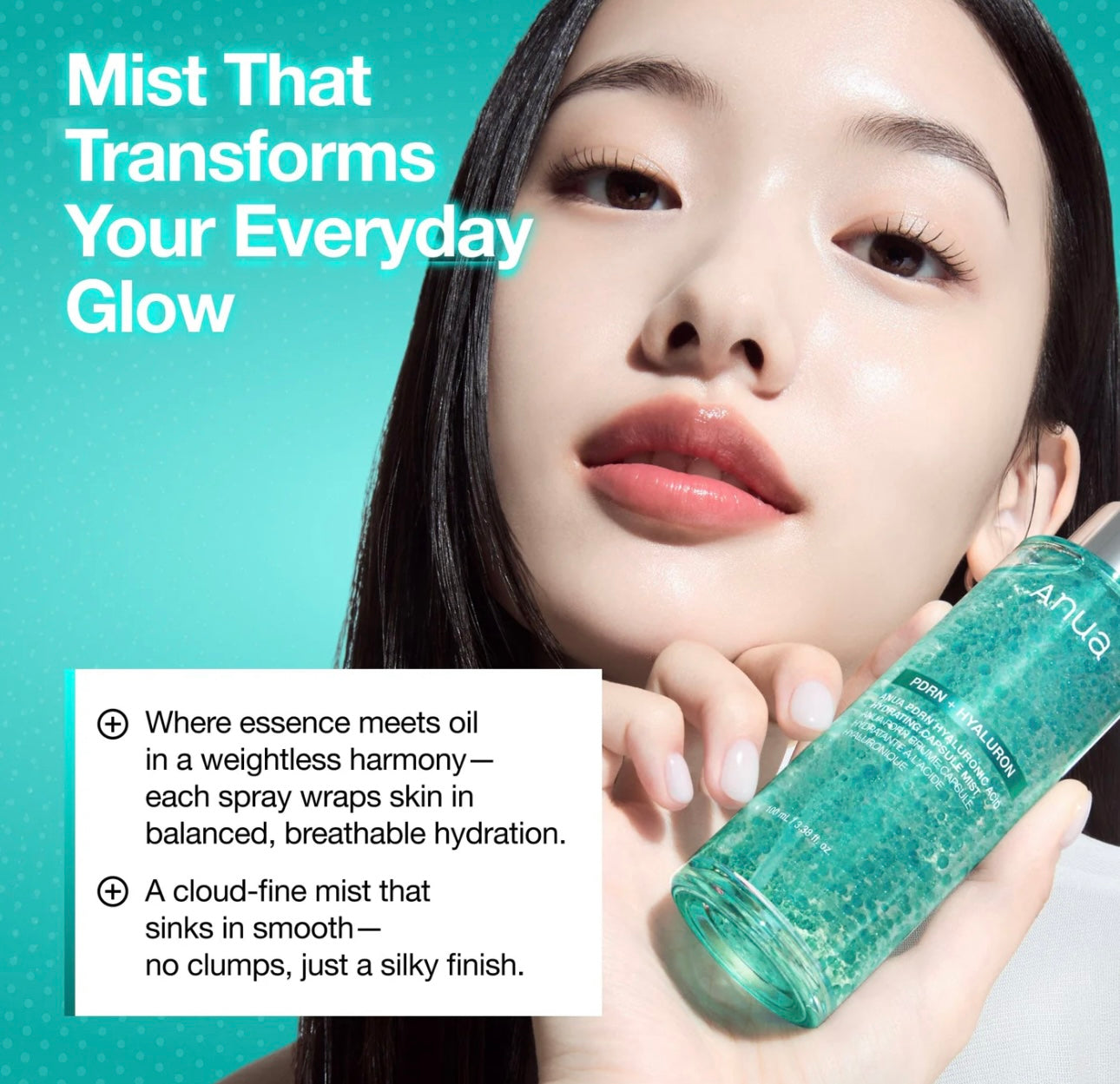 Person spraying the Anua PDRN hyaluronic acid mist onto their face for hydration.