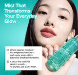 Person spraying the Anua PDRN hyaluronic acid mist onto their face for hydration.