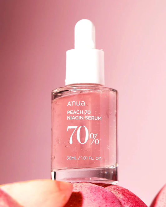 Back label of the ANUA peach 70 serum displaying ingredients and niacinamide content.
