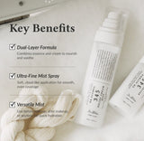 Woman gently applying the soothing 345 relief mist to her cheek for instant calming relief.
