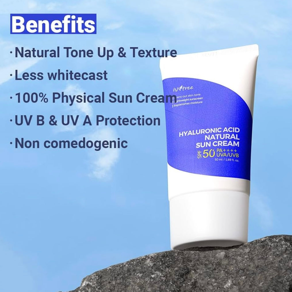 Person applying ISNTREE Natural Sun Cream SPF 50 PA++++ to cheek.