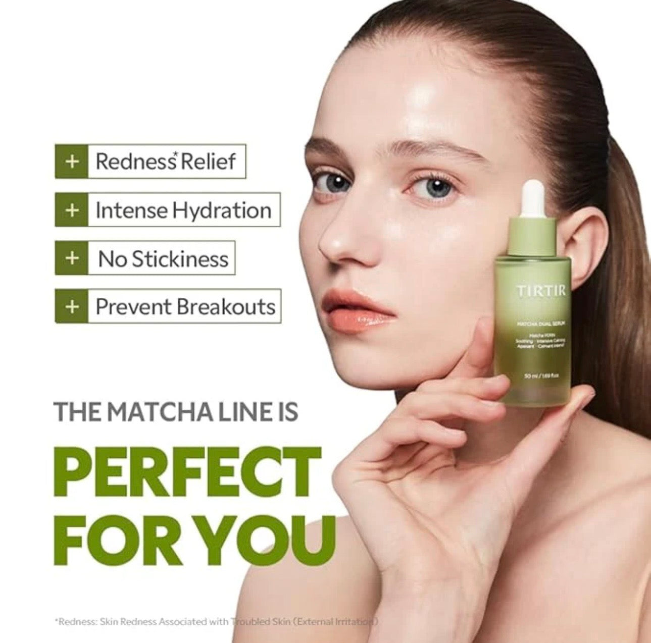 Dropping the lightweight Matcha Dual Serum onto fingertips for a non-sticky finish.