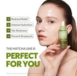 Dropping the lightweight Matcha Dual Serum onto fingertips for a non-sticky finish.