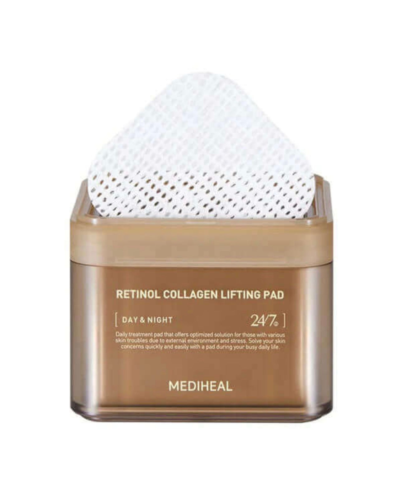 Woman applying a Mediheal retinol collagen lifting pad to her forehead for quick daily skin firming care.