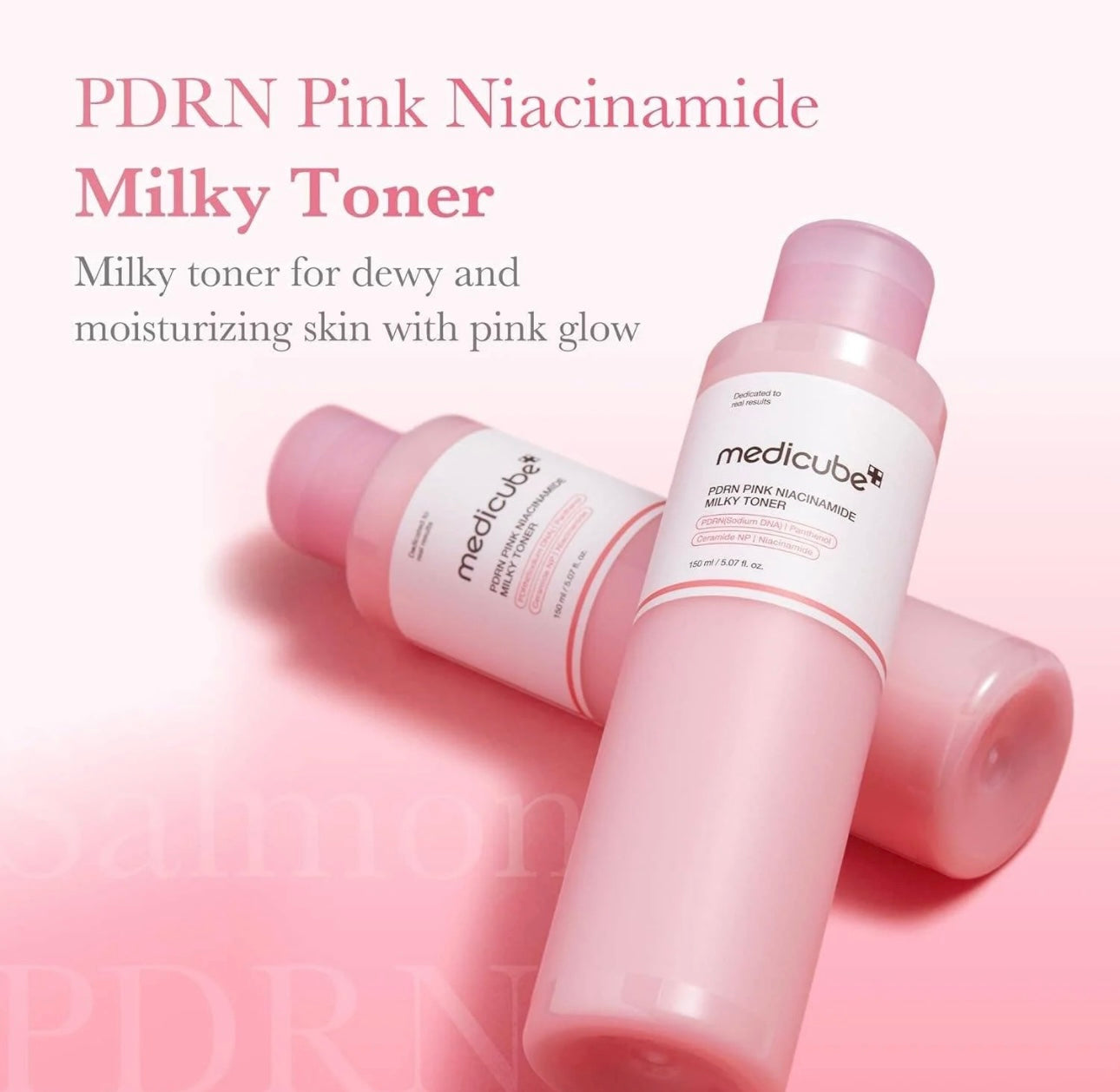 Hand pumping Medicube PDRN pink niacinamide milky toner to show the lightweight consistency.