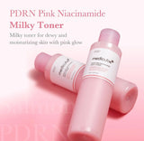 Hand pumping Medicube PDRN pink niacinamide milky toner to show the lightweight consistency.