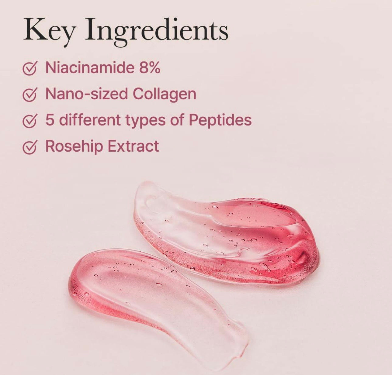 Ingredients label of arencia fresh red serum 30 highlighting red collagen and arbutin