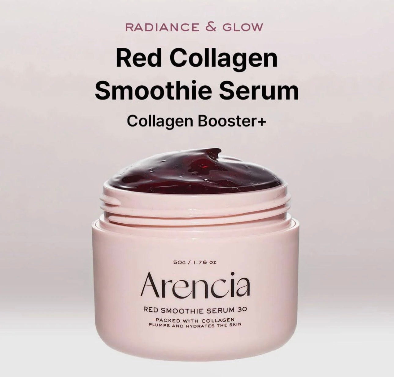Box packaging of ARENCIA fresh red smoothie serum featuring niacinamide and 30% red collagen