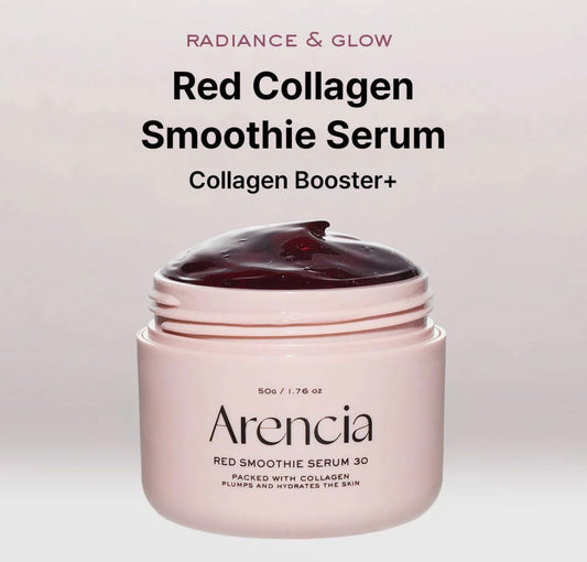 Box packaging of ARENCIA fresh red smoothie serum featuring niacinamide and 30% red collagen