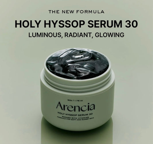 Back view of ARENCIA holy hyssop serum 30 displaying ingredients and usage instructions