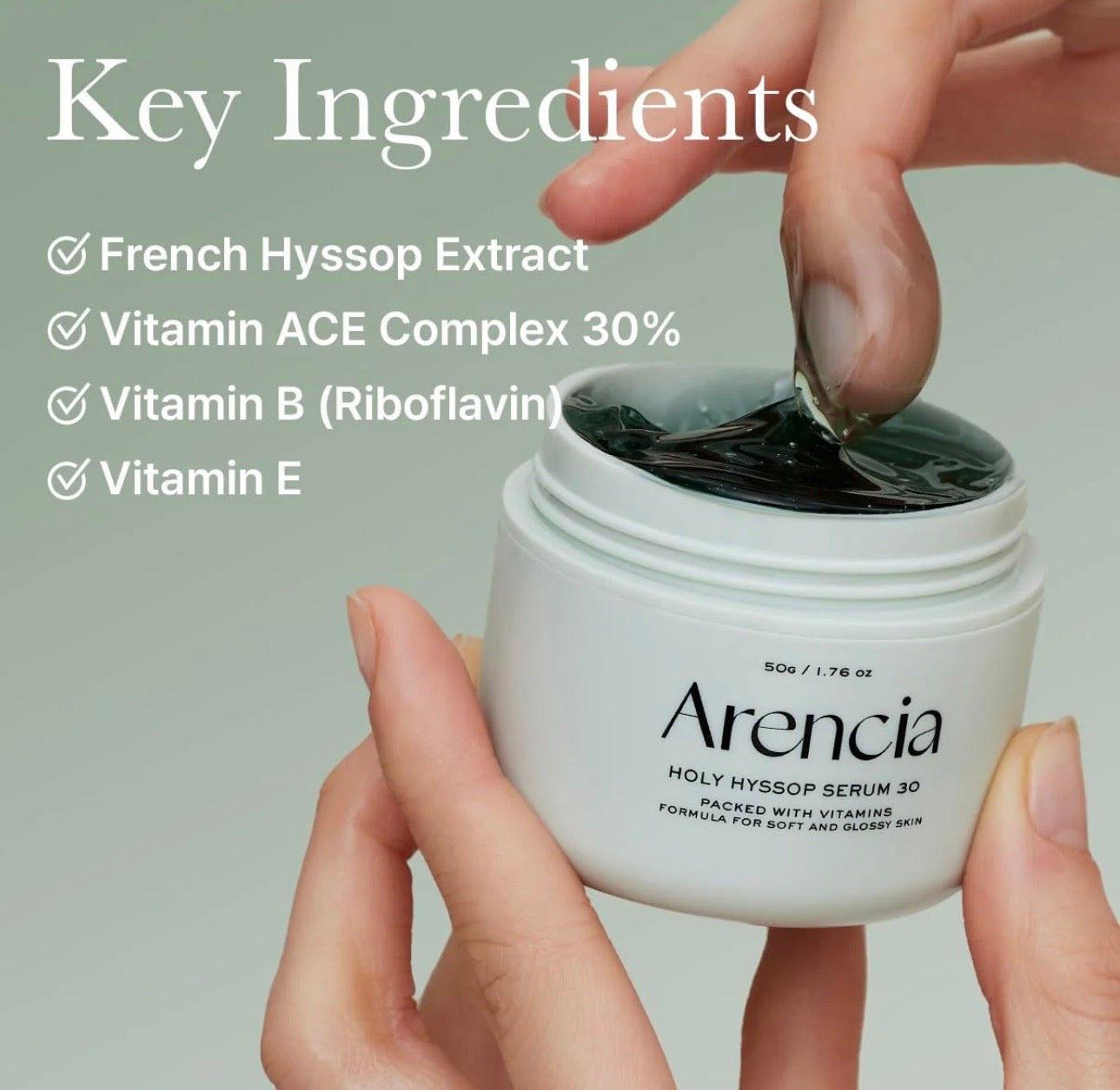 Key natural ingredients of ARENCIA holy hyssop serum 30 including hyssop extract and hyaluronic acid bottles