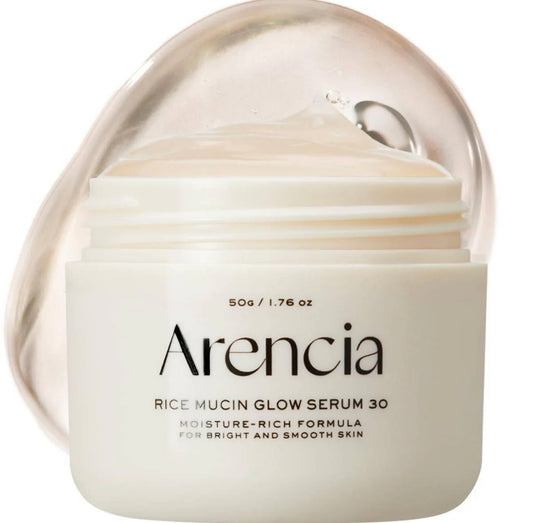 Arencia Rice Mucin Glow Overnight Serum 30 bottle front view, milky serum with pump on white background.