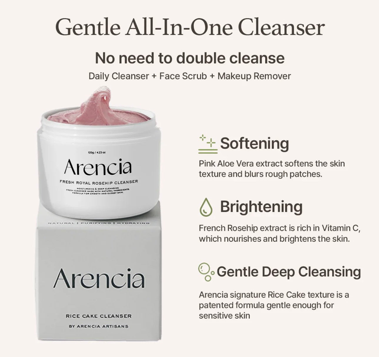 Close up of ARENCIA Fresh Rosehip Mochi Cleanser soft squishy dough texture