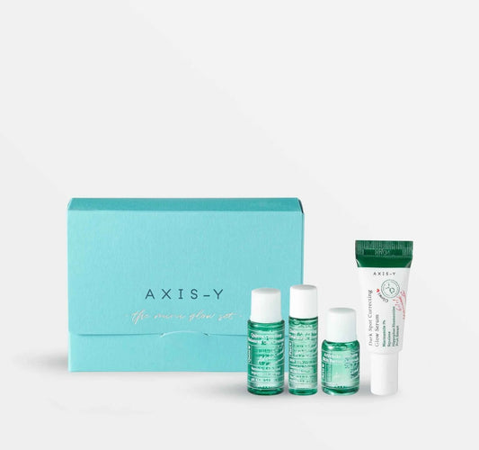 The Axis Y Mini Glow Set box with all mini products displayed.