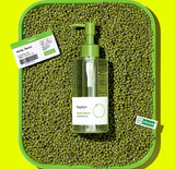 The Beplain Mung Bean Cleansing Oil turning milky white on a hand as water is added, demonstrating the quick emulsification for pore cleansing.