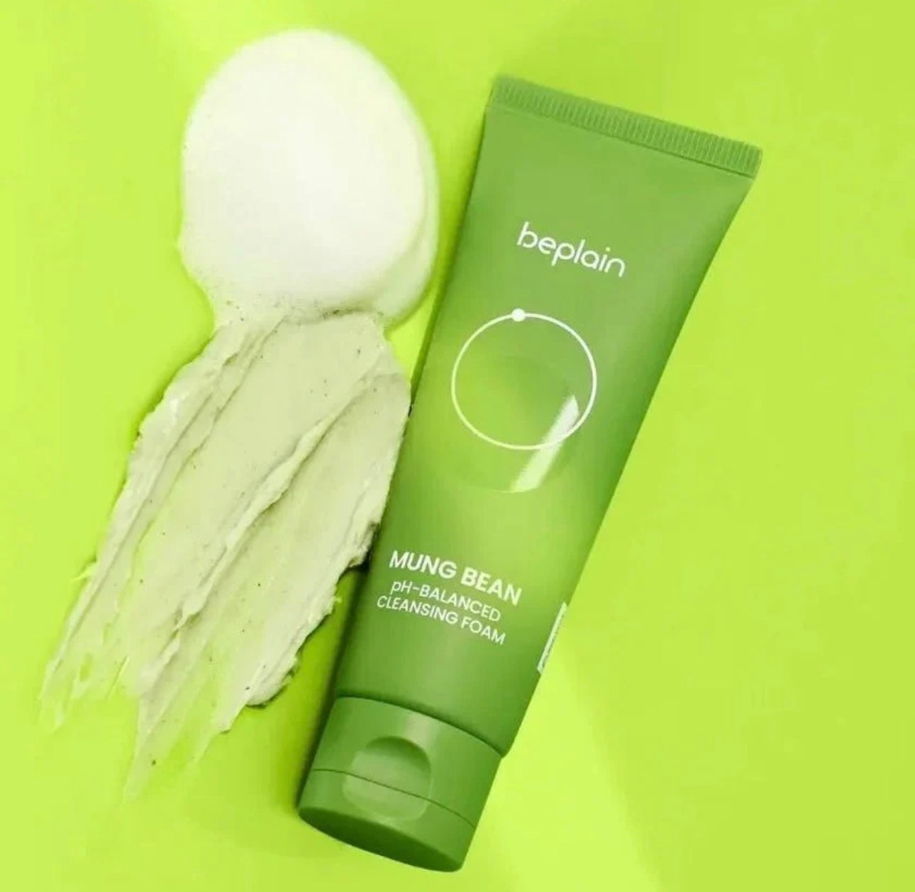 Beplain Mung Bean pH Balanced Cleansing Foam 80ml bottle on a clean white bathroom shelf.