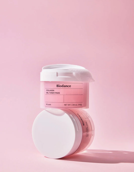 Open jar of Biodance Collagen Gel Pads showing hydrating toner pads.
