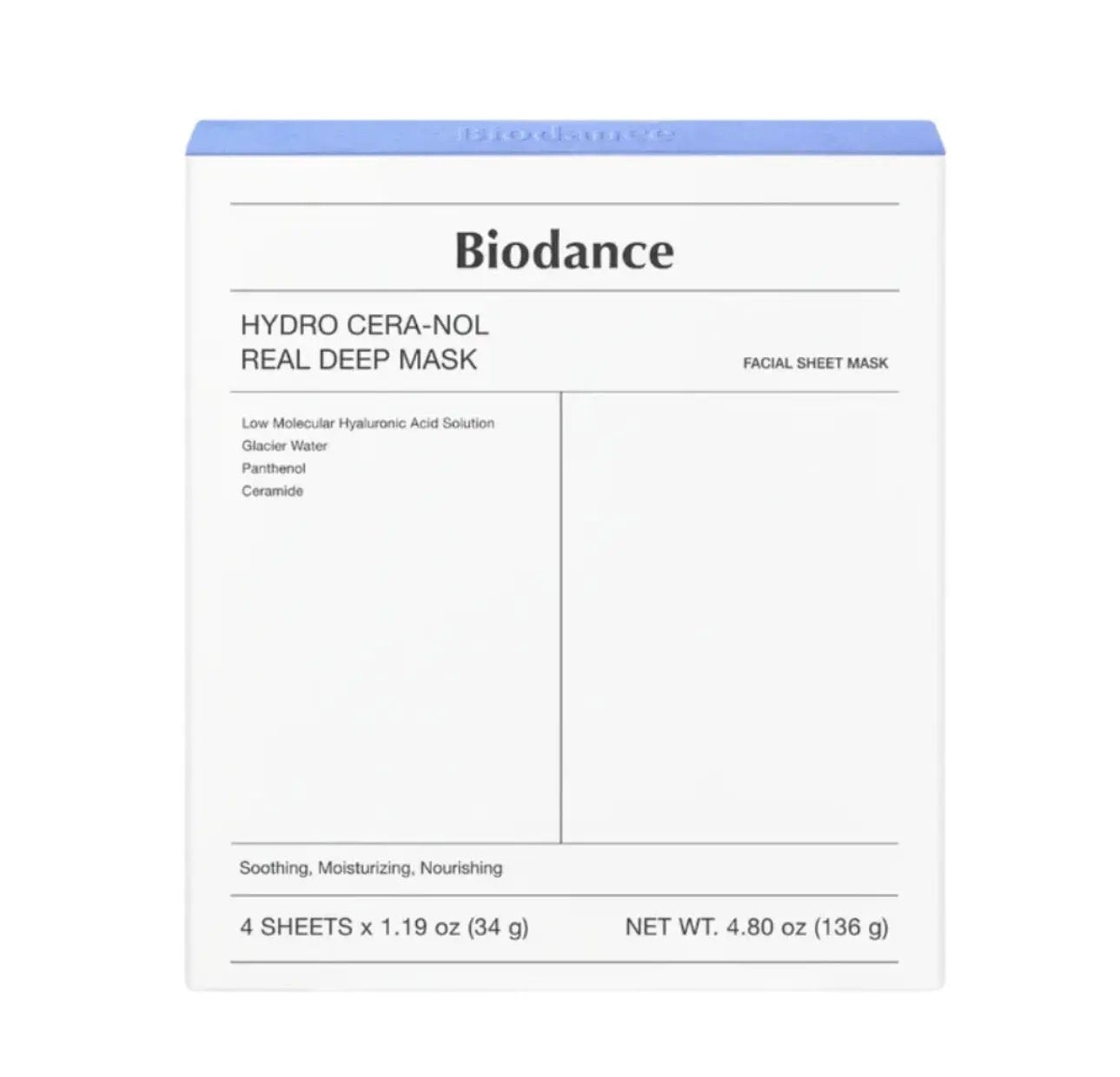 Woman wearing the Biodance Hydro Cera-nol Real Deep Mask to soothe dry and irritated skin overnight.