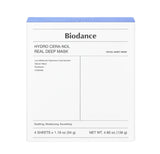 Woman wearing the Biodance Hydro Cera-nol Real Deep Mask to soothe dry and irritated skin overnight.