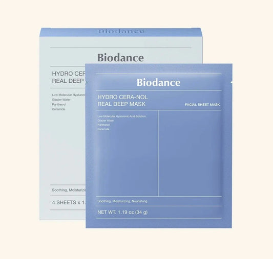Biodance Hydro Cera-nol Real Deep Mask 4 pcs packaging for intense hydration and skin barrier repair.