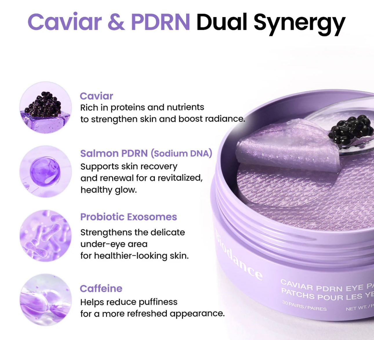 Packaging of Biodance Caviar PDRN Eye Patches 30pcs showing the ingredient list and expiration date.
