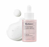 Texture of Biodance pore tightening ampoule on fingertip — clear, fast-absorbing serum