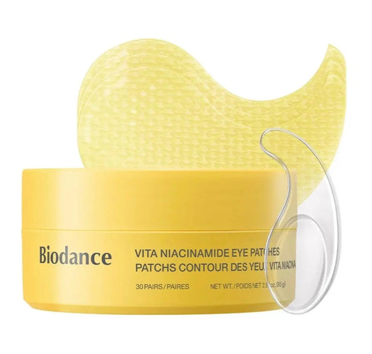 Biodance Vita Niacinamide Eye Patches 30pcs in a sleek white box with blue accents.