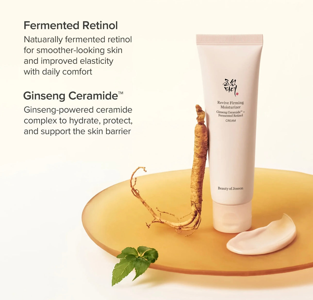 Beauty of Joseon Revive Firming cream featuring Ginseng Ceramide and fermented retinol for skin elasticity.