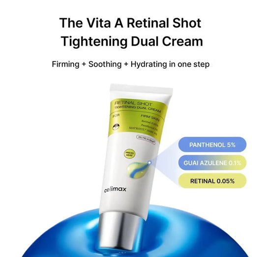Close-up of Celimax The Vita A Retinal Shot Dual Cream showing the yellow retinal cream and blue soothing cream textures.