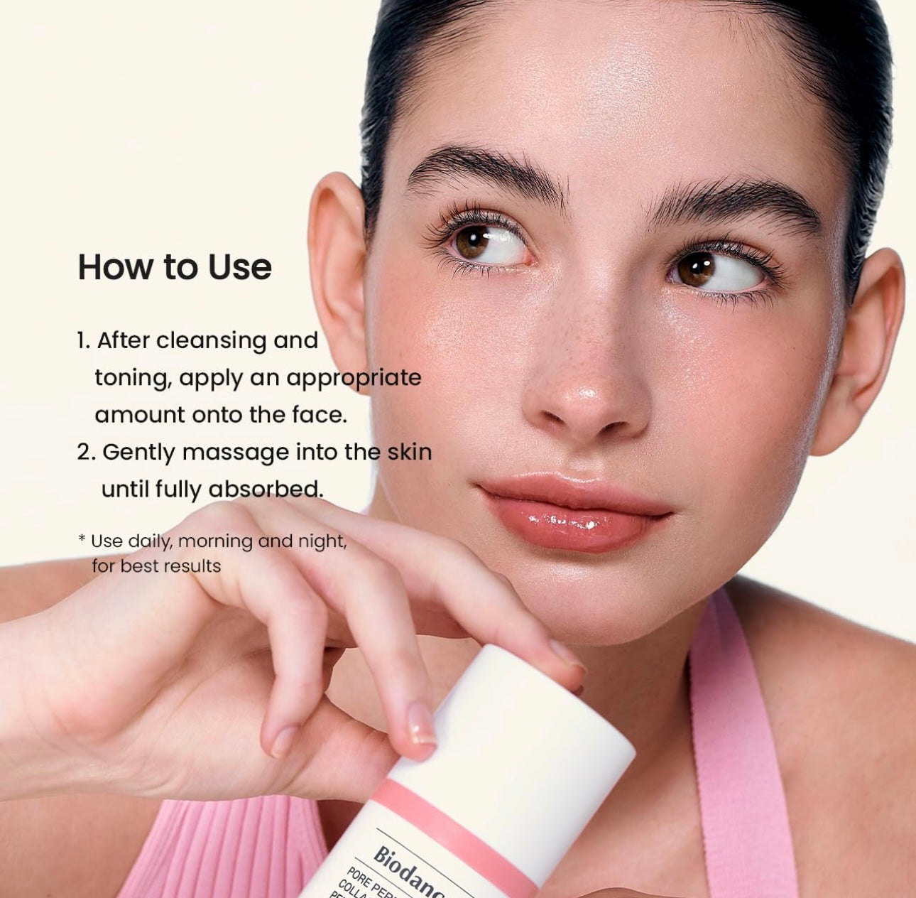 Woman holding Biodance pore perfecting collagen peptide cream during her nighttime skincare routine.