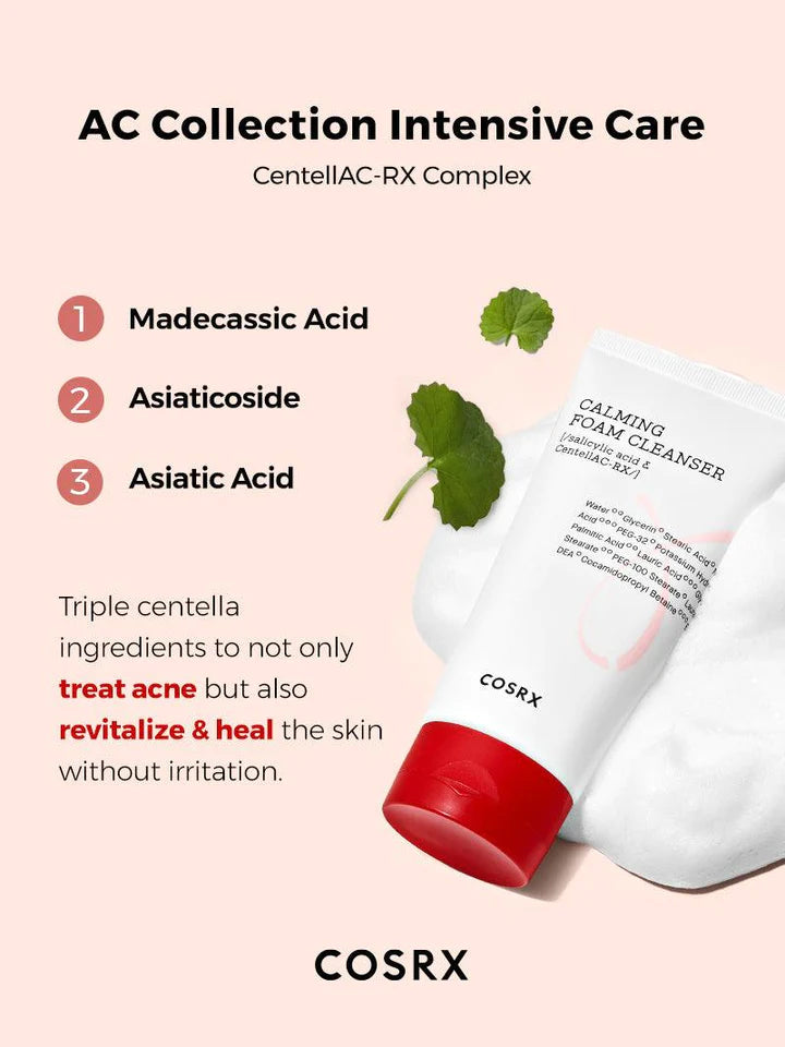 Flatlay promo — COSRX AC calming foam cleanser 150ml, clean skincare routine