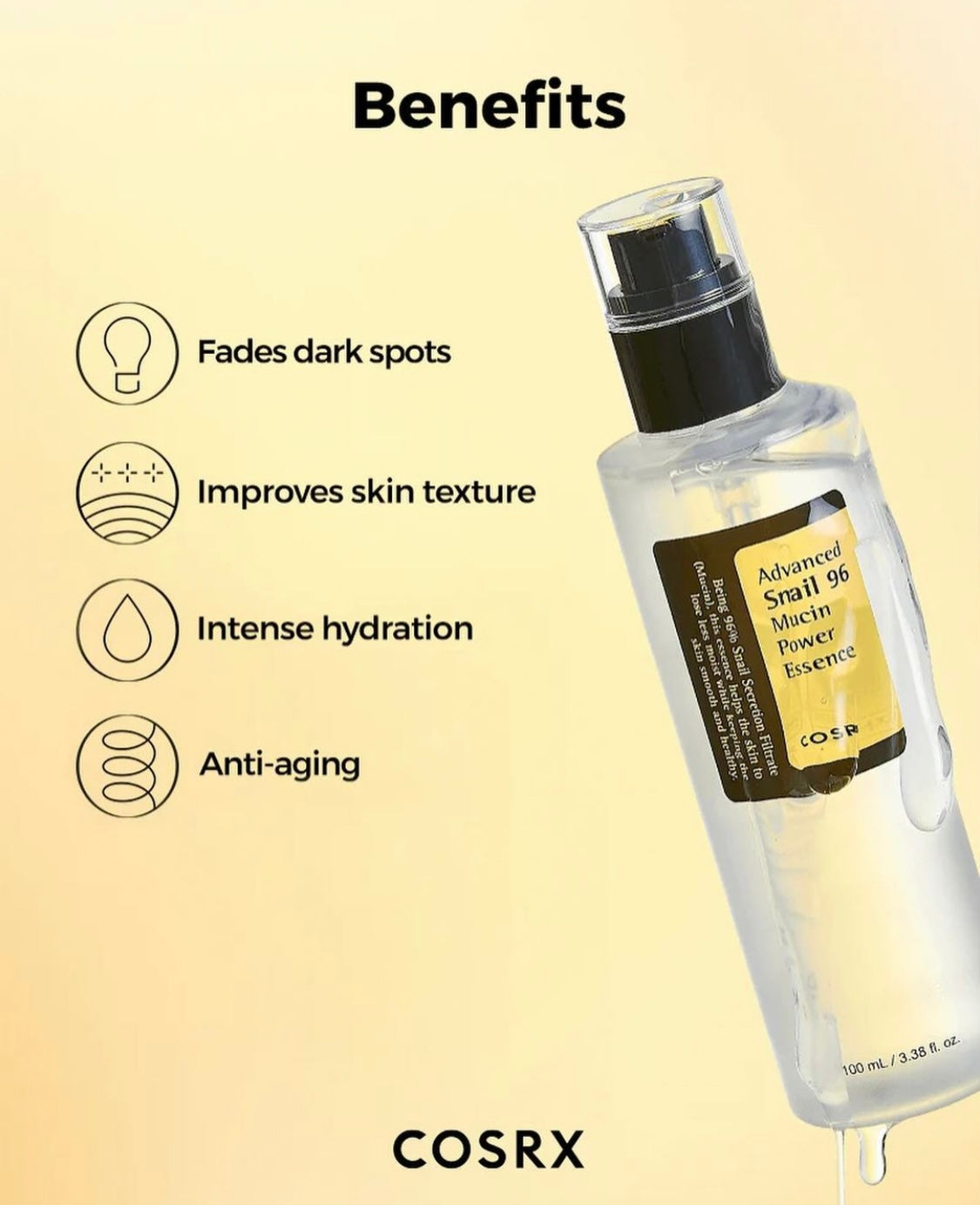 Side label of COSRX Advanced Snail 96 Mucin Power Essence highlighting mucin concentration and product details.