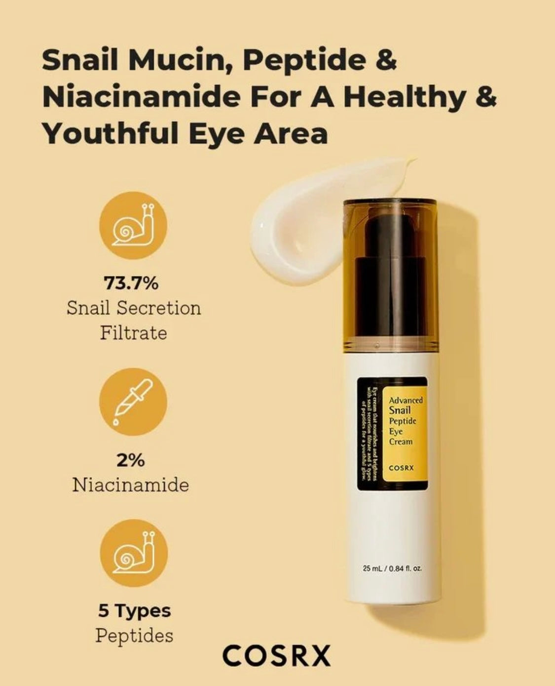 Top view of COSRX snail peptide eye cream jar - lightweight texture ideal for dark circles and puffiness