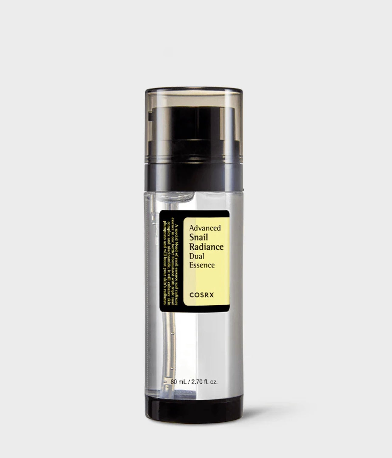 COSRX Advanced Snail Radiance Dual Essence 80ml bottle, showing the dual-layer formula before shaking.
