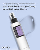 Applying COSRX AHA/BHA clarifying toner to a cotton pad — gentle exfoliation and prep for skincare