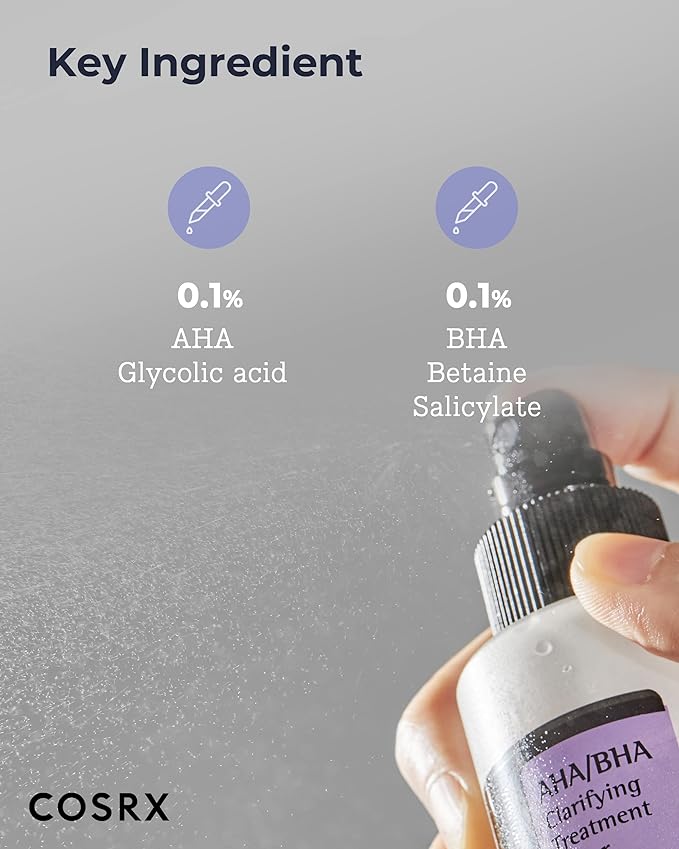 Close-up of COSRX AHA & BHA toner bottle, cap and spray pump — easy application