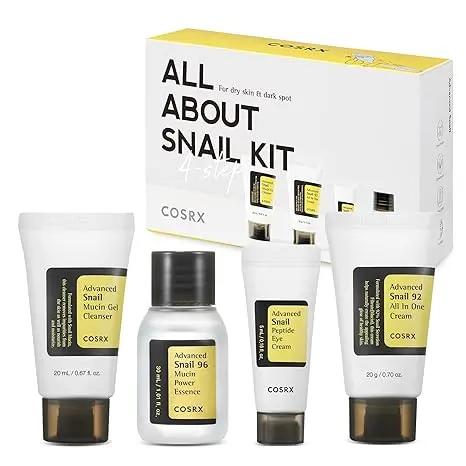 COSRX All About Snail Korean Skincare Set - Complete 4-piece travel kit with cleanser, essence, cream, and eye cream