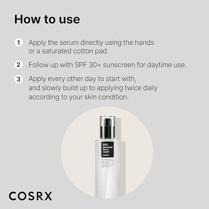 Styled flatlay of COSRX BHA Blackhead Power Liquid with skincare props promotes daily blackhead-fighting routine.