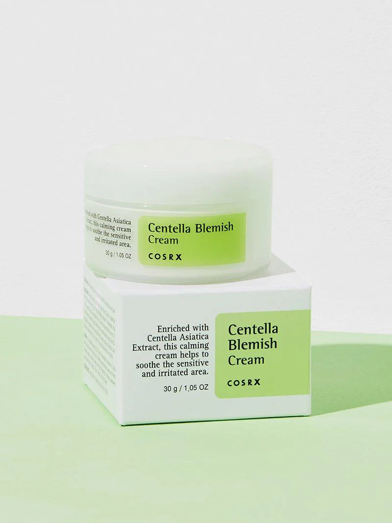 COSRX Centella Blemish Cream 30g official front packaging showing the clean white tube and brand logo.