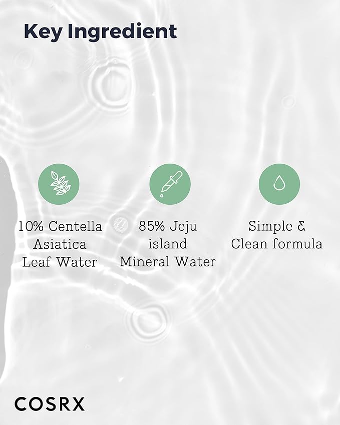 Centella Asiatica ingredient close-up next to COSRX Centella water alcohol free toner soothing botanical extract.