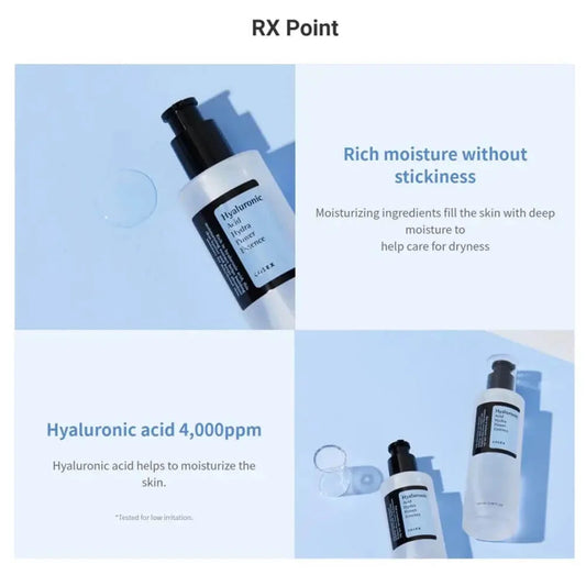 Dispensing the COSRX hyaluronic acid hydra power essence from the pump onto fingertips.