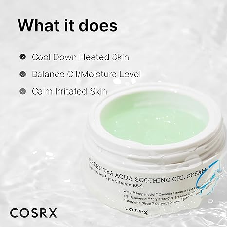 Back label and ingredients list of COSRX Hydrium Green Tea Aqua Soothing Gel Cream 50ml.