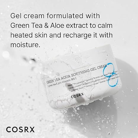 Texture close-up of COSRX Hydrium green tea gel cream — lightweight, cooling, non-greasy gel.