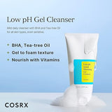 Back label: ingredients and directions of COSRX Low pH Good Morning Gel Cleanser detailing tea tree and beta-glucan