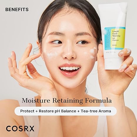 Lifestyle flatlay: COSRX low pH good morning gel cleanser paired with daily skincare essentials